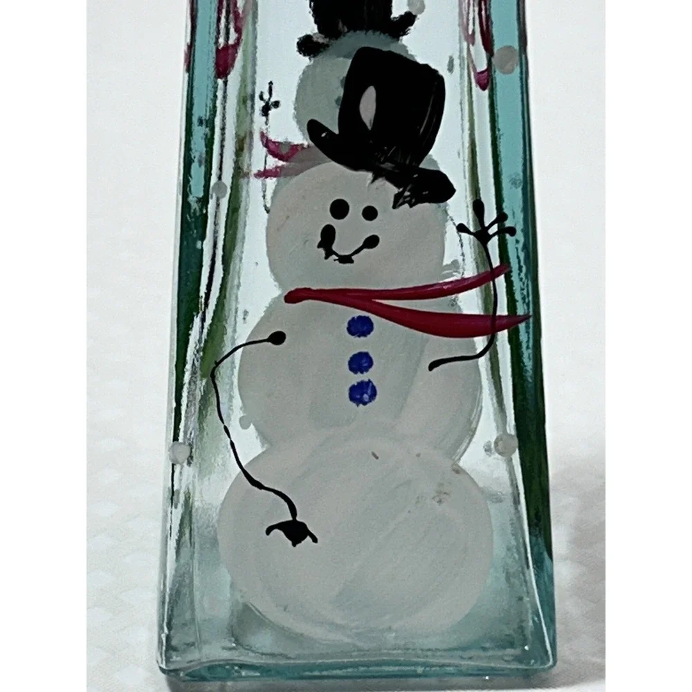 Clear Hand Painted Snowman & Christmas Tree Flower Bud Vase Bottle
